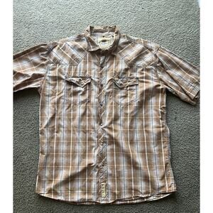 Larry Mahan Shirt Mens 2XL Brown Plaid Center Pearl Snap Long Sleeve Western
